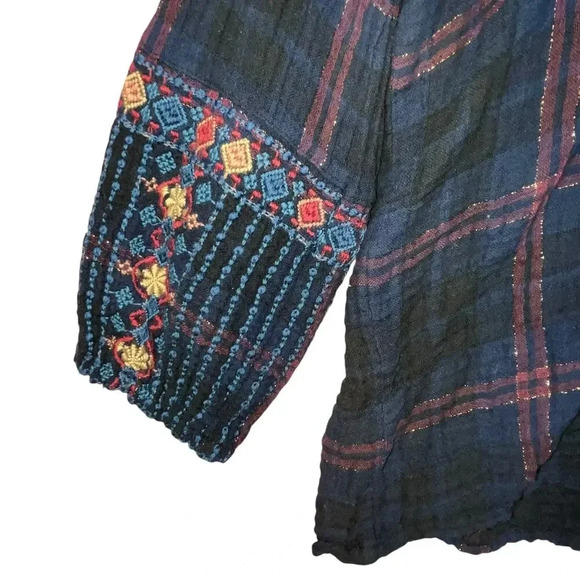 Johnny Was Blue Plaid Embroidered Boho Gauze Cotton Blend Vika Paris Blouse M - Picture 5 of 8